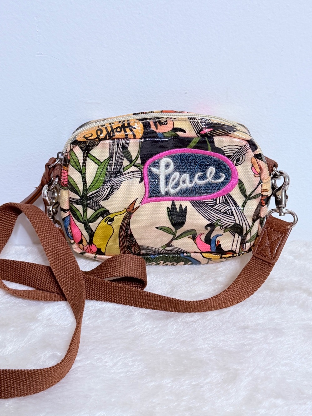 Peace Graphic Crossbody Bag in Beige with Brown Strap